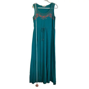 Forever 21 Womens L Teal Flower Embroidered Maxi Dress